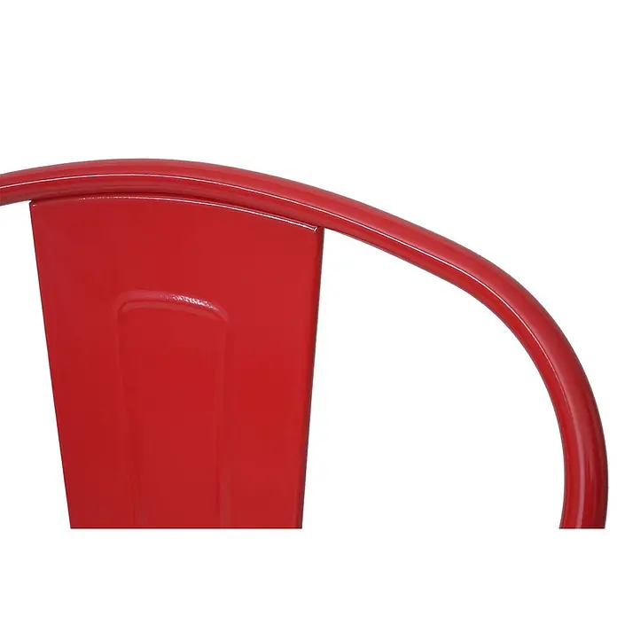 Chefgastro Gartenstuhl-Set - 4 Stk., Metall, Stapelbar, Rot - Nahaufnahme der roten Rückenlehne und geschwungenen Armlehne eines Metallstuhls.
