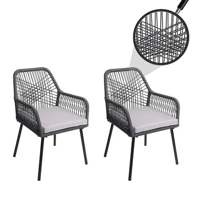 Proregal Gartenstuhl-Set - 2 Stk., Aluminium, Anthrazit - Zwei graue Outdoor-Stühle mit hellgrauen Kissen und schwarzen Beinen, mit detaillierter Webstruktur.
