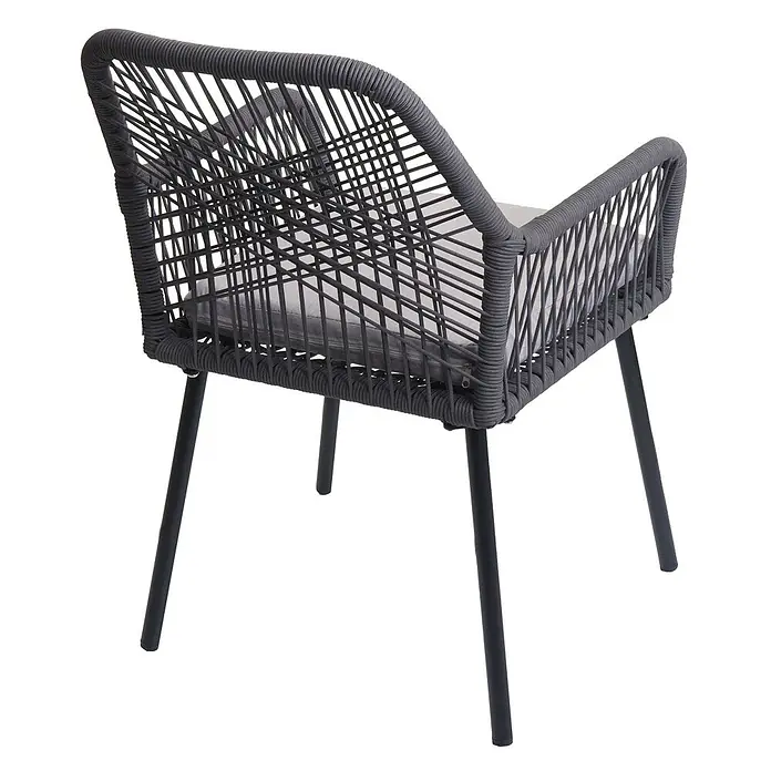 Proregal Gartenstuhl-Set - 2 Stk., Aluminium, Anthrazit - Dunkelgrauer geflochtener Outdoor-Sessel mit hellgrauem Kissen und schwarzen Metallbeinen.