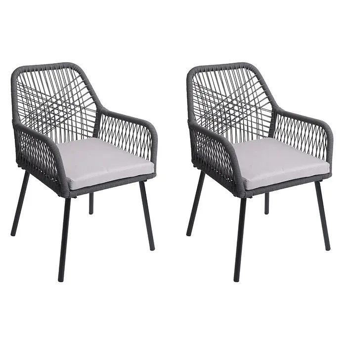 Proregal Gartenstuhl-Set - 2 Stk., Aluminium, Anthrazit - Zwei graue Gartenstühle aus geflochtenem Seil mit hellgrauen Kissen und schwarzen Beinen.