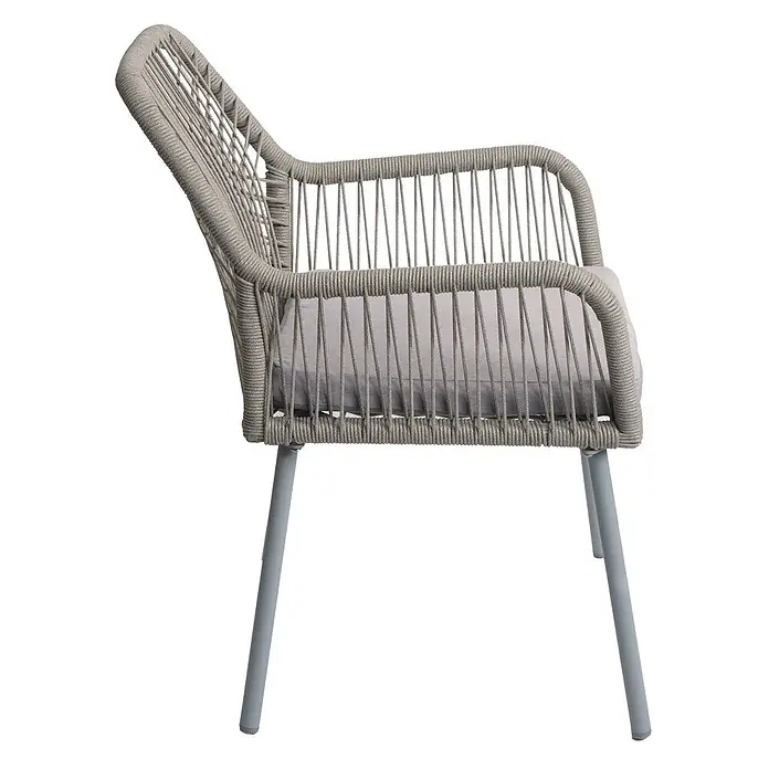 Proregal Gartenstuhl-Set - 2 Stk., Aluminium, Grau - Grauer Sessel mit geflochtener Seilkonstruktion, hellem Sitzkissen und Metallbeinen.