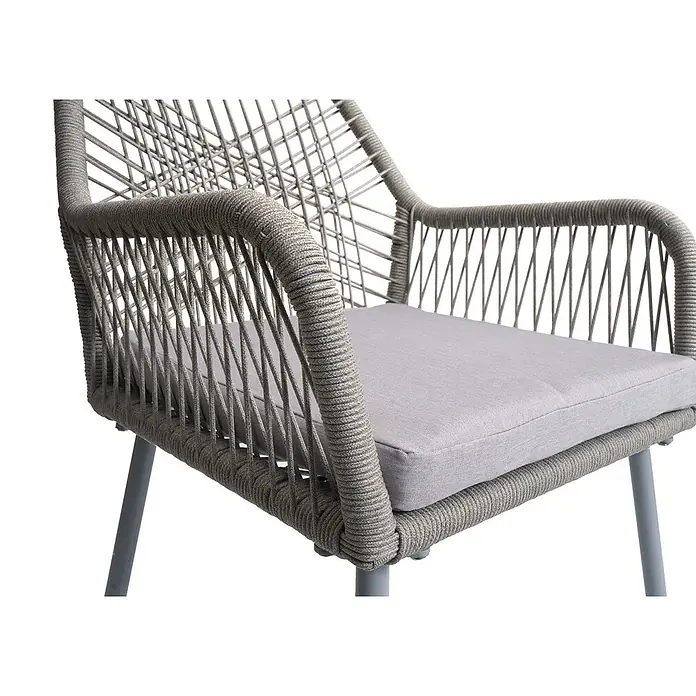 Proregal Gartenstuhl-Set - 2 Stk., Aluminium, Grau - Grauer Sessel aus geflochtenem Seil mit hellgrauem Kissen und Metallbeinen.