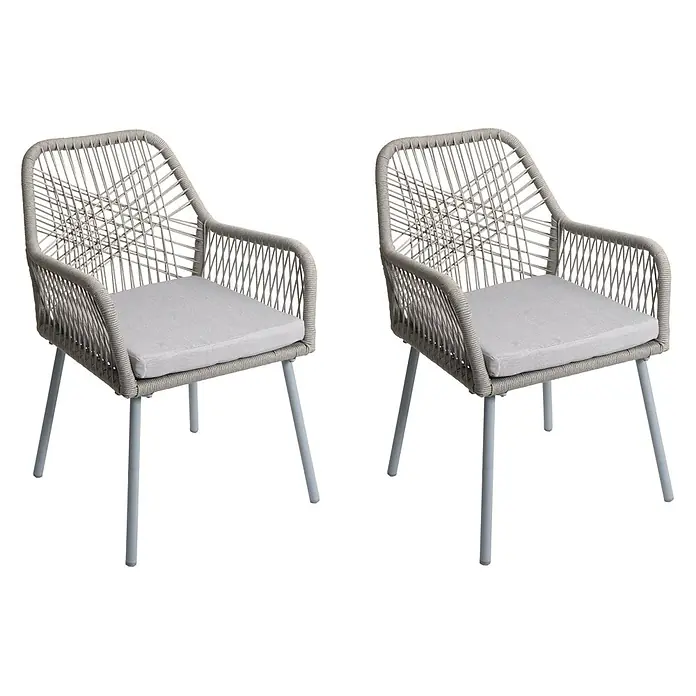Proregal Gartenstuhl-Set - 2 Stk., Aluminium, Grau - Zwei graue Sessel aus Seilgeflecht mit grauen Stoffkissen und Metallbeinen.