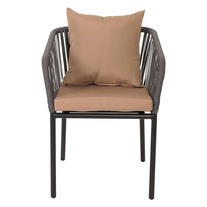 Proregal Gartenstuhl-Set - 2 Stk., Aluminium, Anthrazit - Sessel mit dunkelgrauem Geflechtrahmen, schwarzen Metallbeinen und beigefarbenen Sitz- und Rückenkissen.