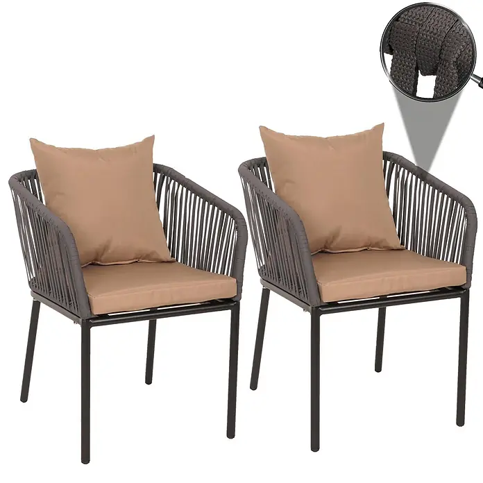 Proregal Gartenstuhl-Set - 2 Stk., Aluminium, Anthrazit - Zwei dunkelgraue Outdoor-Stühle mit Seilgeflecht, schwarzem Metallgestell und hellbraunen Kissen.