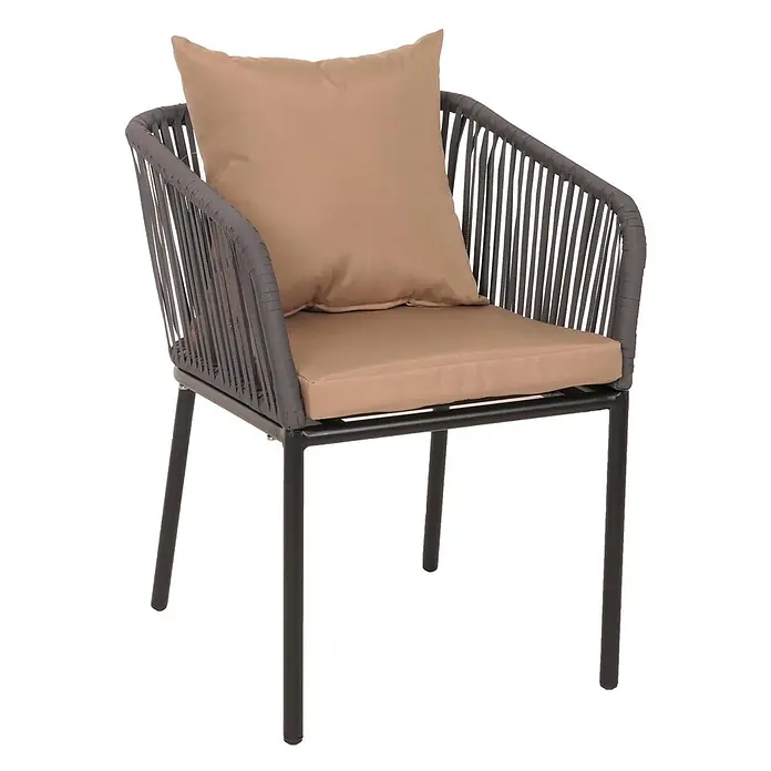 Proregal Gartenstuhl-Set - 2 Stk., Aluminium, Anthrazit - Sessel mit dunkelgrauem Seilgeflecht an Rückenlehne und Armlehnen, schwarzen Metallbeinen und hellbraunen Sitz- und Rückenkissen.