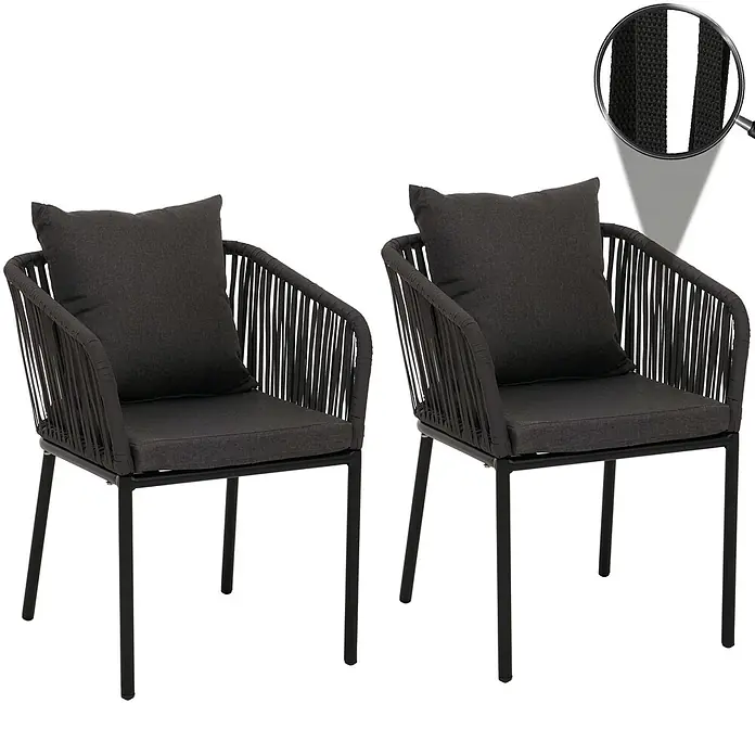 Proregal Gartenstuhl-Set - 2 Stk., Aluminium, Anthrazit - Zwei dunkelgraue Outdoor-Sessel mit geflochtenen Seillehnen, Armlehnen, schwarzen Metallgestellen und dicken Kissen.