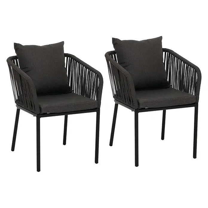 Proregal Gartenstuhl-Set - 2 Stk., Aluminium, Anthrazit - Zwei dunkelgraue Terrassenstühle mit Seilrückenlehnen und -armlehnen, dunkelgrauen Kissen und schwarzen Metallgestellen.