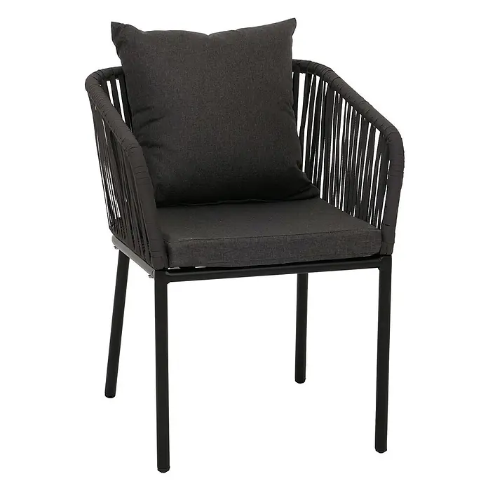 Proregal Gartenstuhl-Set - 2 Stk., Aluminium, Anthrazit - Dunkelgrauer Outdoor-Sessel mit schwarzem Metallrahmen, geflochtener Rückenlehne/Armlehnen und passenden Kissen.