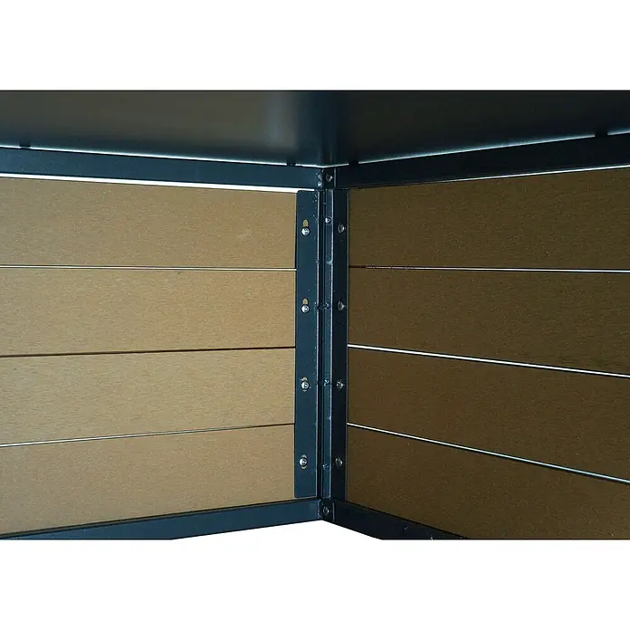 XL Mähroboter-Garage mit Pflanzkasten | HxBxT 47x70x94cm | WPC Metall | Eiche-Optik | Dach Unterstand für Rasenmäher -  - Eckteil eines Pflanzkastens mit horizontalen braunen Verbundholzlamellen und dunklem Metallrahmen, verschraubt.