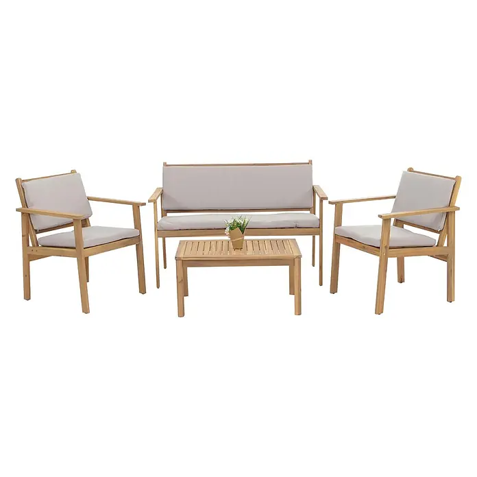 Proregal Loungemöbel-Set - 4 -tlg., Akazienholz, Grau - Hölzernes Outdoor-Möbelset mit zwei Sesseln, einem Zweisitzer-Sofa und einem Couchtisch, alle mit hellgrauen Polstern.
