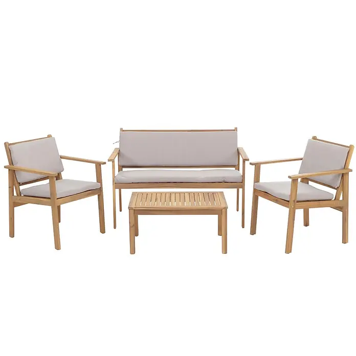 Proregal Loungemöbel-Set - 4 -tlg., Akazienholz, Grau - Vierteiliges Terrassen-Sitzmöbel-Set aus Holz mit hellgrauen Kissen, bestehend aus einem Zweisitzer-Sofa, zwei Sesseln und einem Couchtisch.