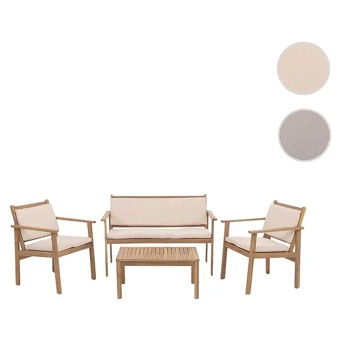 Proregal Loungemöbel-Set - 4 -tlg., Akazienholz, Grau - Hölzernes Outdoor-Loungeset mit zwei Sesseln, einem Zweisitzer-Sofa und einem Couchtisch, alle mit hellbeigen Kissen.