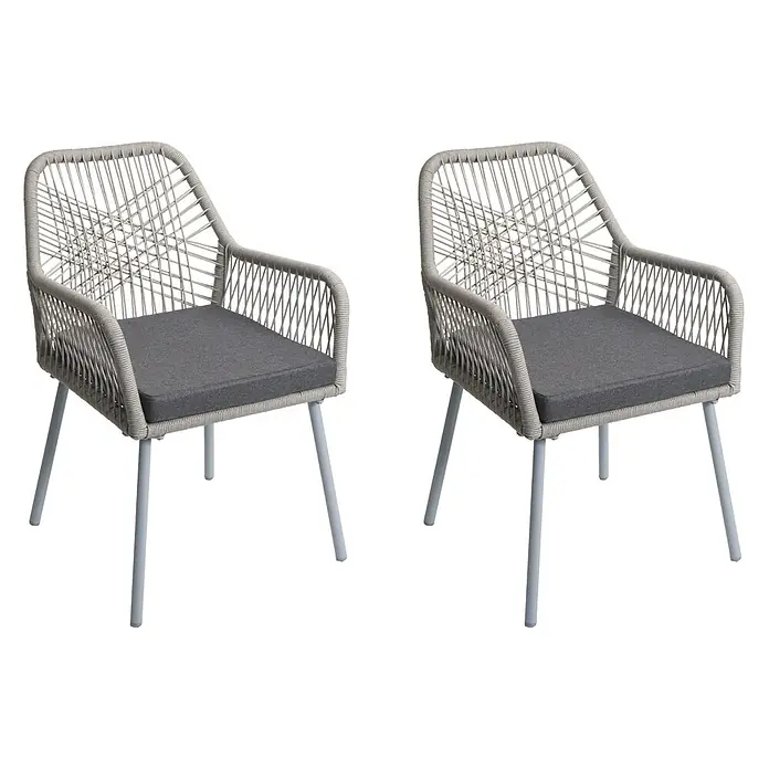 Proregal Gartenstuhl-Set - 2 Stk., Aluminium, Grau - Zwei hellgraue geflochtene Outdoor-Sessel mit dunkelgrauen Kissen und Metallbeinen.