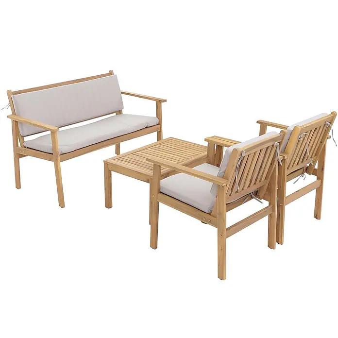 Proregal Loungemöbel-Set - 4 -tlg., Akazienholz, Grau - Gartenmöbelset aus Holz mit hellgrauen Kissen, bestehend aus einer Zweisitzerbank, zwei Sesseln und einem rechteckigen Couchtisch.
