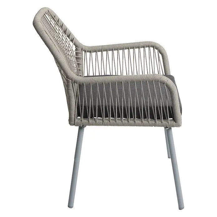 Proregal Gartenstuhl-Set - 2 Stk., Aluminium, Grau - Moderner Outdoor-Stuhl mit grauem Seilgeflecht, dunkelgrauem Kissen und hellgrauen Metallbeinen.