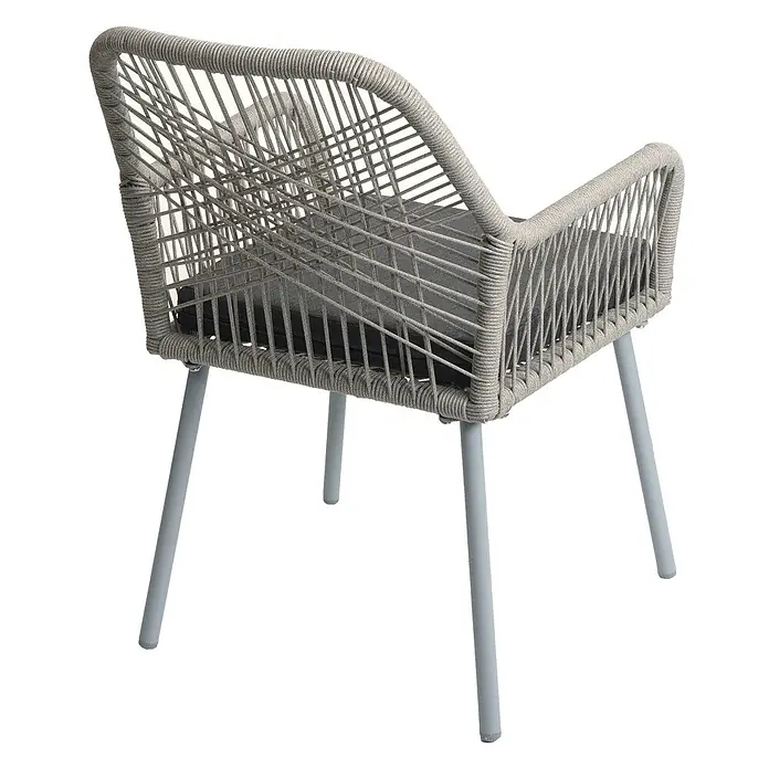 Proregal Gartenstuhl-Set - 2 Stk., Aluminium, Grau - Grauer Sessel aus geflochtenem Seil mit dunkelgrauem Kissen und hellgrauen Metallbeinen.