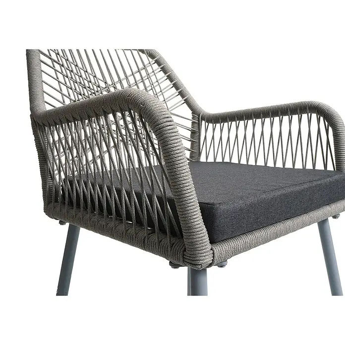 Proregal Gartenstuhl-Set - 2 Stk., Aluminium, Grau - Nahaufnahme eines grauen geflochtenen Outdoor-Stuhls mit dunkelgrauem Kissen und Metallbeinen.