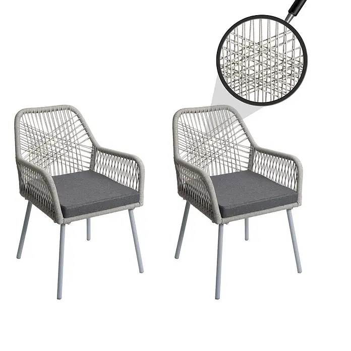 Proregal Gartenstuhl-Set - 2 Stk., Aluminium, Grau - Zwei graue Outdoor-Stühle mit geflochtenem Seildesign, dunkelgrauen Kissen und hellgrauen Metallbeinen, Nahaufnahme des Flechtmusters.