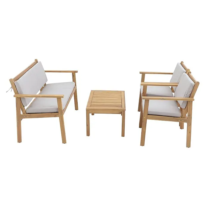 Proregal Loungemöbel-Set - 4 -tlg., Akazienholz, Grau - Gartenmöbel-Set aus Holz: zwei Bänke mit hellen Polstern und ein Latten-Couchtisch.