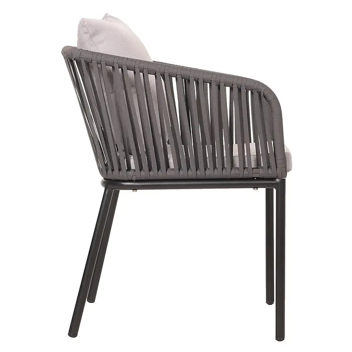 Proregal Gartenstuhl-Set - 2 Stk., Aluminium, Anthrazit - Grauer Outdoor-Sessel mit geflochtenen Gurten, hellgrauen Kissen und schwarzen Metallbeinen.