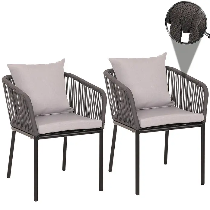 Proregal Gartenstuhl-Set - 2 Stk., Aluminium, Anthrazit - Zwei dunkelgraue Outdoor-Stühle aus Seilgeflecht mit hellgrauen Kissen und schwarzen Metallbeinen.