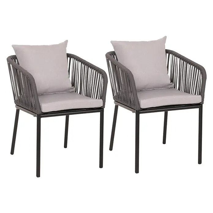 Proregal Gartenstuhl-Set - 2 Stk., Aluminium, Anthrazit - Zwei graue Gartenstühle mit geflochtenen Seillehnen und hellgrauen Kissen. Schwarze Metallbeine.