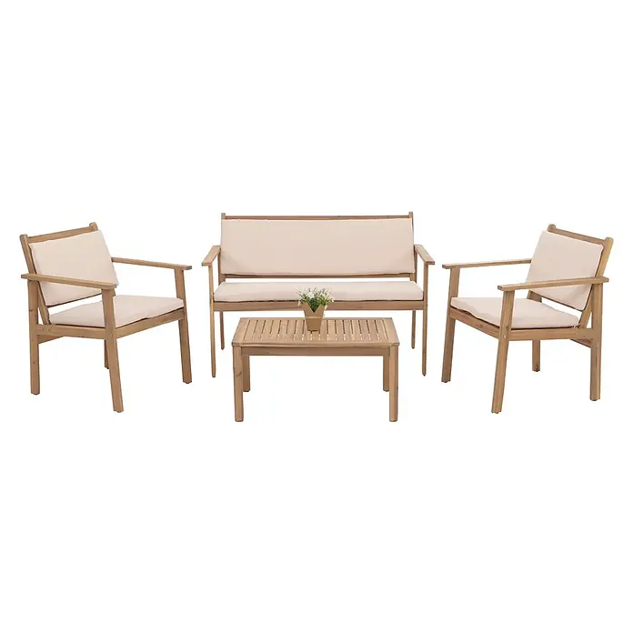 Proregal Loungemöbel-Set - 4 -tlg., Akazienholz, Beige - Gartenset aus Holz: 2 Sessel, 2-Sitzer-Sofa, Couchtisch mit hellen Polstern.