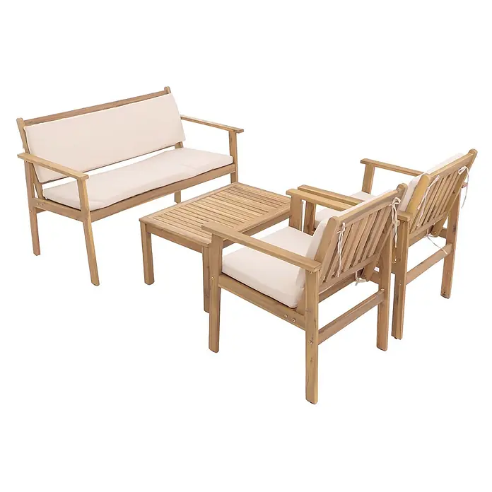 Proregal Loungemöbel-Set - 4 -tlg., Akazienholz, Beige - Gartenmöbelset aus Holz mit zwei Sesseln, einer Bank und einem Couchtisch, alle mit hellen Polstern.