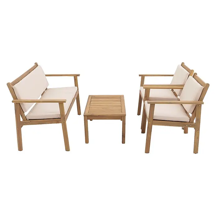 Proregal Loungemöbel-Set - 4 -tlg., Akazienholz, Beige - Garten-Sitzgruppe aus Holz mit weißen Kissen, bestehend aus einem Zweisitzer, zwei Sesseln und einem Couchtisch.