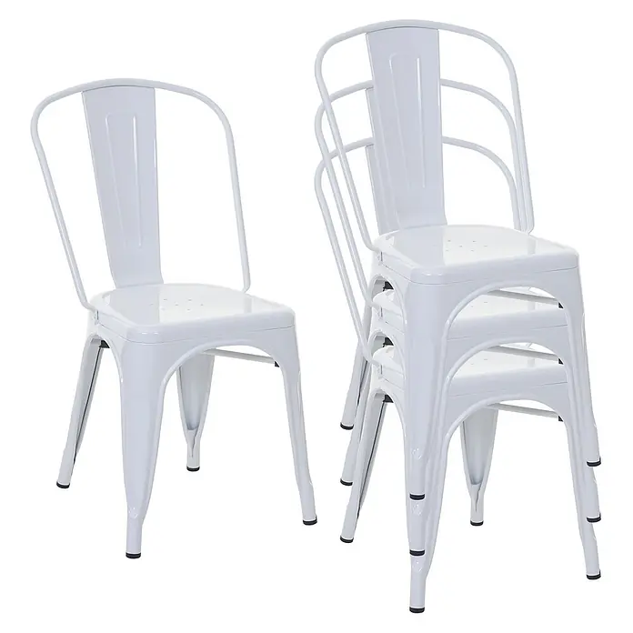 Chefgastro Gartenstuhl-Set - 4 Stk., Metall, Stapelbar, Weiß - Weiße Metall-Stapelstühle, einer stehend und mehrere gestapelt.
