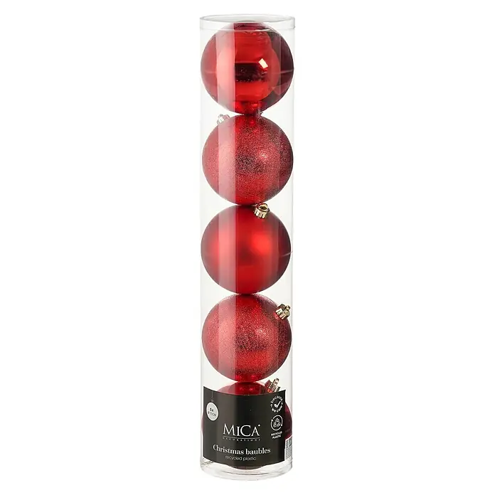 Christbaumkugel-Set - Rot, Kunststoff, 5 Stk., Durchmesser: 15 cm - Fünf rote Weihnachtskugeln aus recyceltem Kunststoff, glatt und glitzernd, in einem transparenten Kunststoffrohr verpackt.