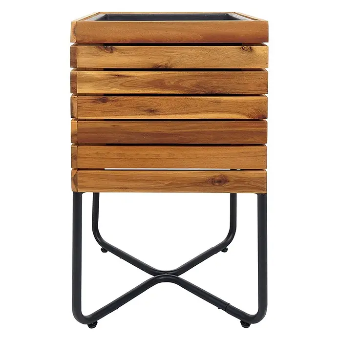 Proregal Pflanzkasten Set - 2 Stk., Holz, Braun - Pflanzgefäß aus Holzlatten mit schwarzem Einsatz und schwarzem Metallgestell.