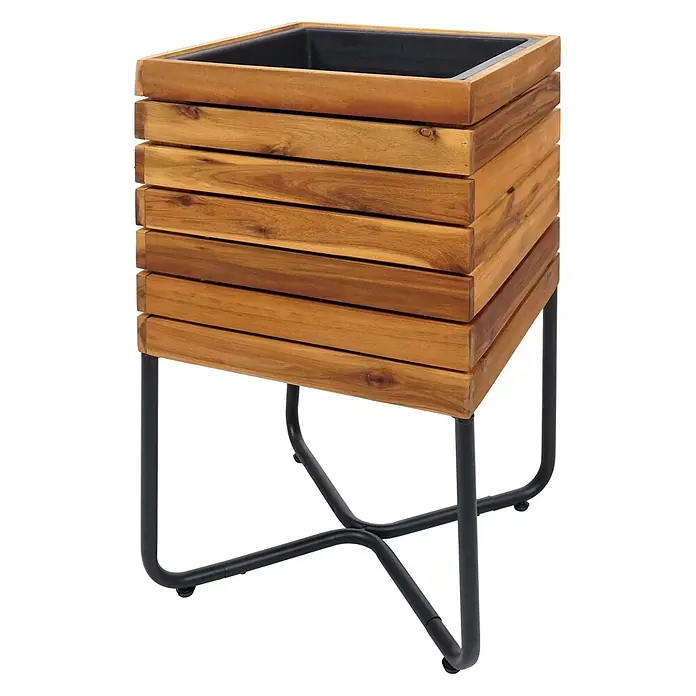 Proregal Pflanzkasten Quadratisch - 1 Stk., Holz, Braun - Hochbeet mit braunem Lattenrost aus Holz, schwarzem Einsatz und schwarzem Metallständer.
