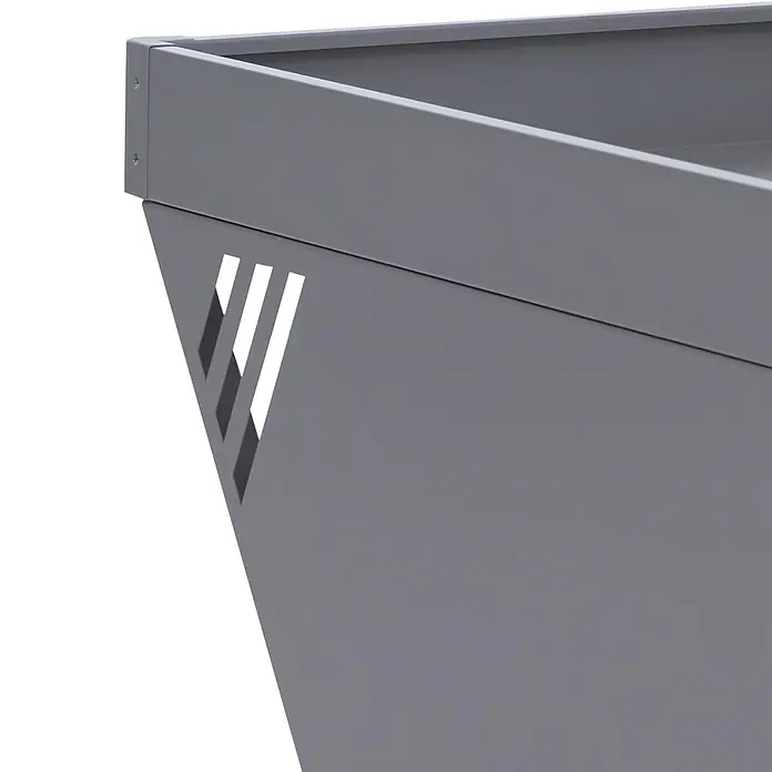 Proregal Mähroboter-Garage Mit Pflanzkasten - L x B x H: 70 x 60 x 40 cm, Grau, Ausführungseigenschaft: mit Pultdach, Gardena, WORX, Husqvarna, Einhell, Landxcape, Juka - Graue Metallecke eines Hochbeets/Pflanzgefäßes mit dekorativen Schlitzen.