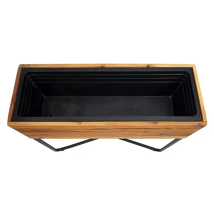 Proregal Pflanzkasten Rechteckig - 1 Stk., Holz, Braun - Rechteckiges Hochbeet mit hellbraunem Holzrahmen, schwarzem Kunststoffeinsatz und schwarzem Metallständer.