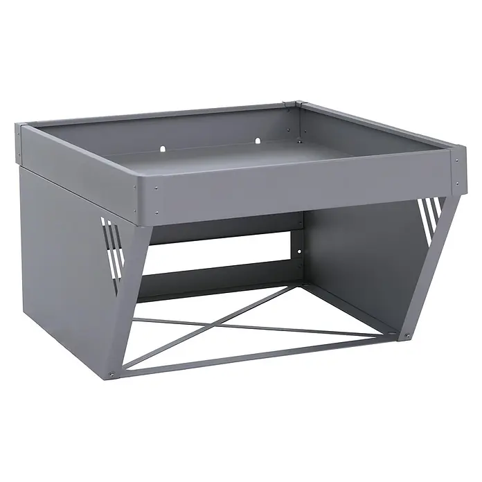 Proregal Mähroboter-Garage Mit Pflanzkasten - L x B x H: 70 x 60 x 40 cm, Grau, Ausführungseigenschaft: mit Pultdach, Gardena, WORX, Husqvarna, Einhell, Landxcape, Juka - Grauer Metallständer mit perforierten Seitenwänden und kreuzverstrebter Basis, ideal als Gerätepodest oder Utility-Stand.