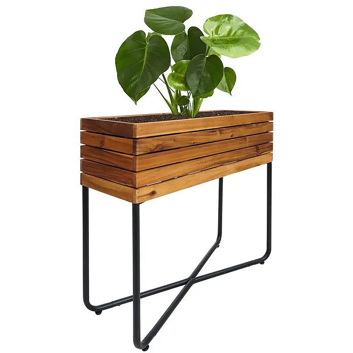 Proregal Pflanzkasten Rechteckig - 1 Stk., Holz, Braun - Rechteckiger Pflanzkübel aus Holz mit Latten an schwarzem Metallständer, enthält eine grüne Pflanze.