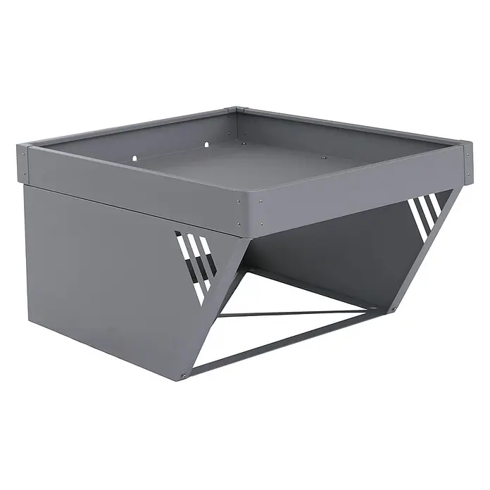 Proregal Mähroboter-Garage Mit Pflanzkasten - L x B x H: 70 x 60 x 40 cm, Grau, Ausführungseigenschaft: mit Pultdach, Gardena, WORX, Husqvarna, Einhell, Landxcape, Juka - Graues Metallgestell mit quadratischer Ablage und offenem, angewinkeltem Sockel mit dekorativen Ausschnitten.