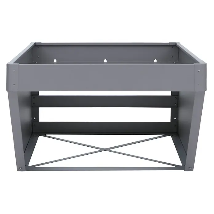 Proregal Mähroboter-Garage Mit Pflanzkasten - L x B x H: 70 x 60 x 40 cm, Grau, Ausführungseigenschaft: mit Pultdach, Gardena, WORX, Husqvarna, Einhell, Landxcape, Juka - Graues Metallgestell mit offener Oberseite, horizontalen Stützstreben und einer X-Verstrebung am Boden.