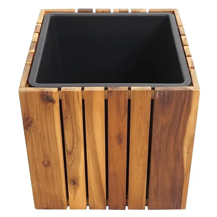 Proregal Pflanzkasten Set - 2 Stk., Holz, Braun - Quadratischer Pflanzkübel aus Holz mit Lattenseiten und schwarzem Kunststoffeinsatz.