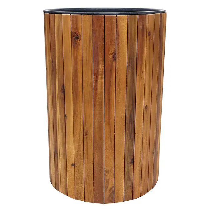 Proregal Pflanzkasten Set - Außenmaß (L x B x H): 34 x 34 x 50 cm, Holz, Braun - Zylindrischer Blumenkübel aus Holz mit vertikalen Leisten und schwarzem Rand. Natürliche Holzoptik.