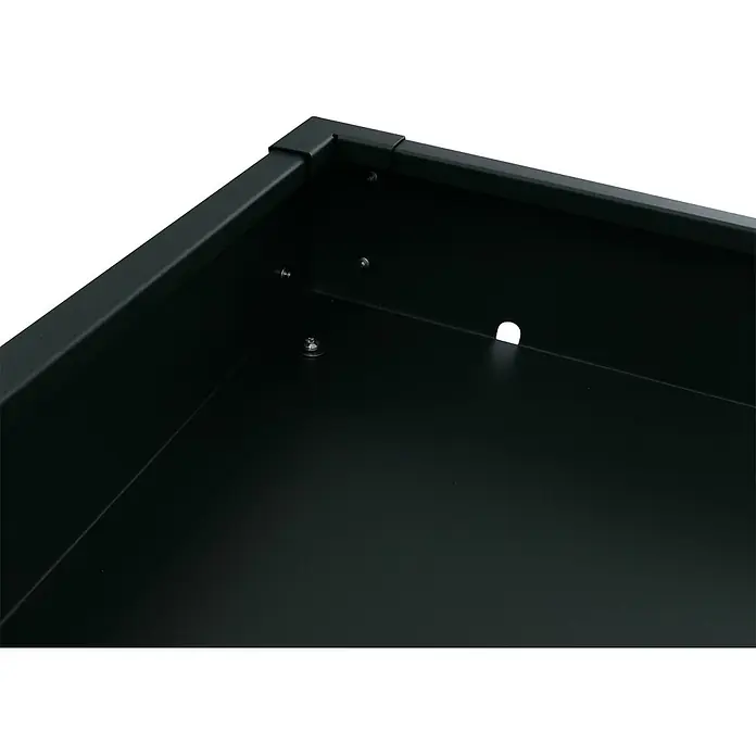 Proregal Mähroboter-Garage Mit Pflanzkasten - L x B x H: 70 x 60 x 40 cm, Grün, Ausführungseigenschaft: mit Pultdach, Gardena, WORX, Husqvarna, Einhell, Landxcape, Juka - Innenansicht eines dunkelgrünen Hochbeets aus Metall mit Schrauben und Abflussloch.