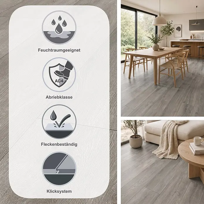 LOGOCLIC Vinto Laminat - Eiche Calais, Landhausdiele, 1.288 x 330 x 8 mm - Hellgrauer Boden in Holzoptik, wasserabweisend, abriebfest AC4, allergikerfreundlich und fleckenbeständig, in modernen Wohnräumen.