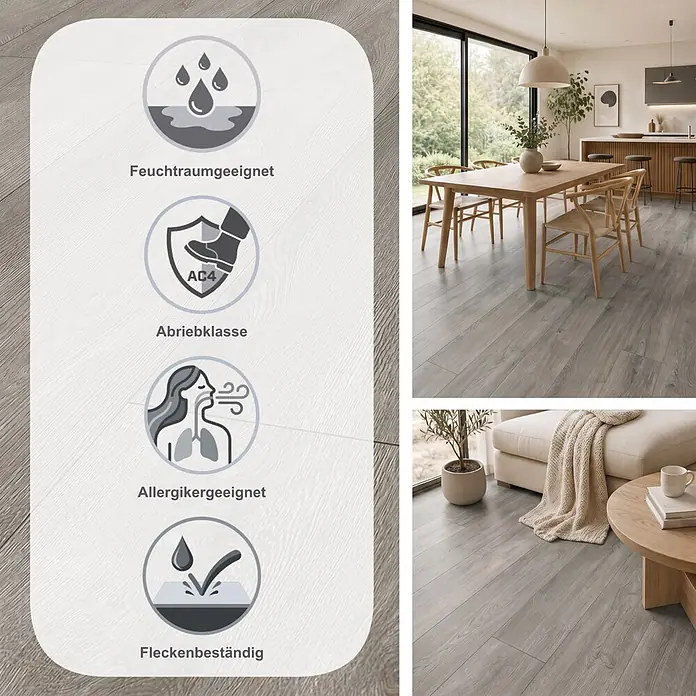 LOGOCLIC Vinto Laminat - Eiche Calais, Landhausdiele, 1.288 x 330 x 8 mm - Hellgrauer Boden in Holzoptik, wasserabweisend, abriebfest AC4, allergikerfreundlich und fleckenbeständig, in modernen Wohnräumen.