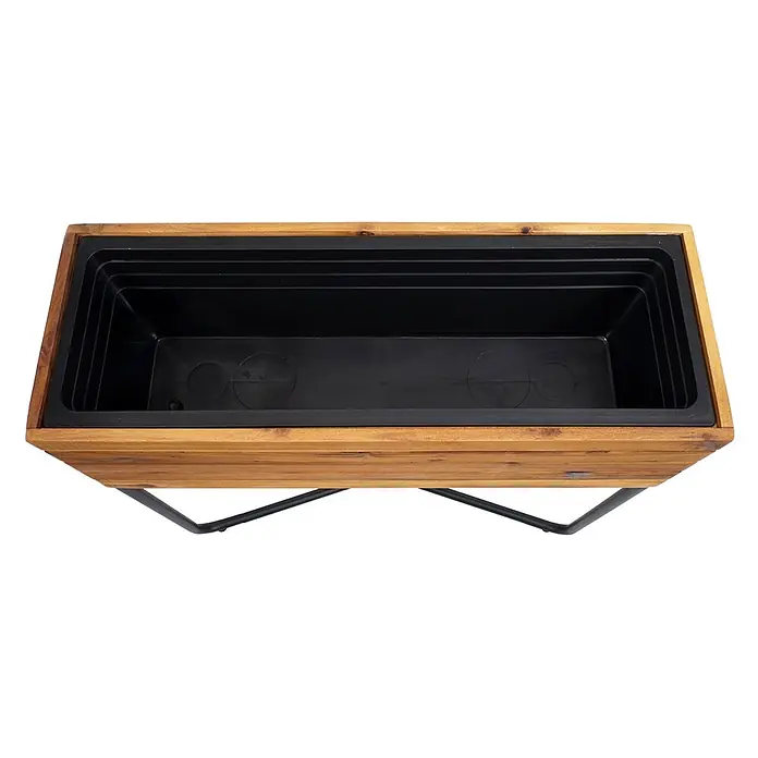 Proregal Pflanzkasten Set - 2 Stk., Holz, Braun - Rechteckiger Holz-Pflanzkasten mit schwarzem Kunststoff-Einsatz und schwarzen Metallbeinen, von oben gesehen.
