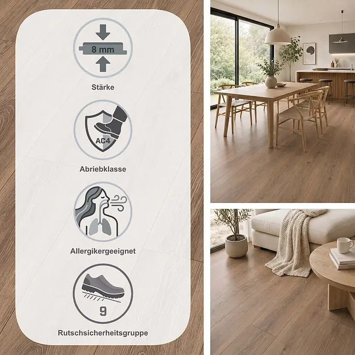 Egger Laminat NatureSense - Newport Eiche braun, Landhausdiele, 1.292 x 193 x 8 mm - Laminatboden in natürlicher Holzoptik, in einem Zuhause verlegt. Symbole zeigen 8mm Stärke, AC4 Abriebklasse, Allergikerfreundlichkeit und 9 Rutschsicherheit.