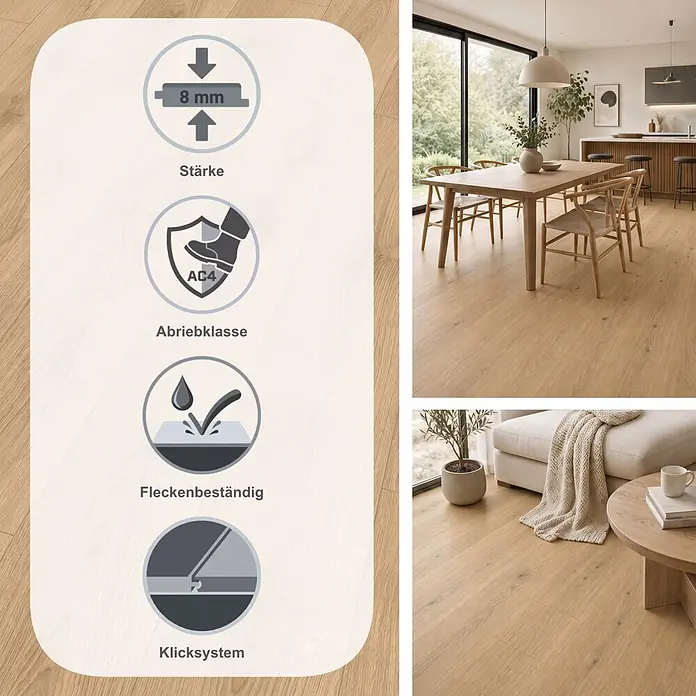 Egger Laminat NatureSense - Nord Eiche sand, Landhausdiele, 1.292 x 193 x 8 mm - Heller Holz-Laminatboden, 8 mm dick und AC4 abriebfest, in modernen Wohnräumen gezeigt. Er ist zudem allergikerfreundlich und schmutzabweisend.