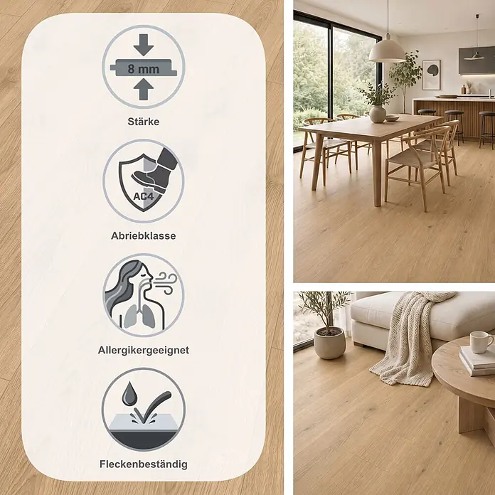 Egger Laminat NatureSense - Nord Eiche sand, Landhausdiele, 1.292 x 193 x 8 mm - Heller Holz-Laminatboden, 8 mm dick und AC4 abriebfest, in modernen Wohnräumen gezeigt. Er ist zudem allergikerfreundlich und schmutzabweisend.