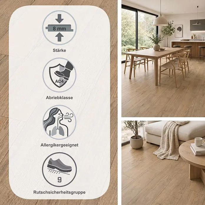 Egger Laminat NatureSense - Elva Eiche natur, Landhausdiele, 1.292 x 193 x 8 mm - Hellbrauner Laminatboden mit Holzmaserung in modernem Zuhause, mit Merkmalen wie 8mm Stärke und Abriebklasse AC4.